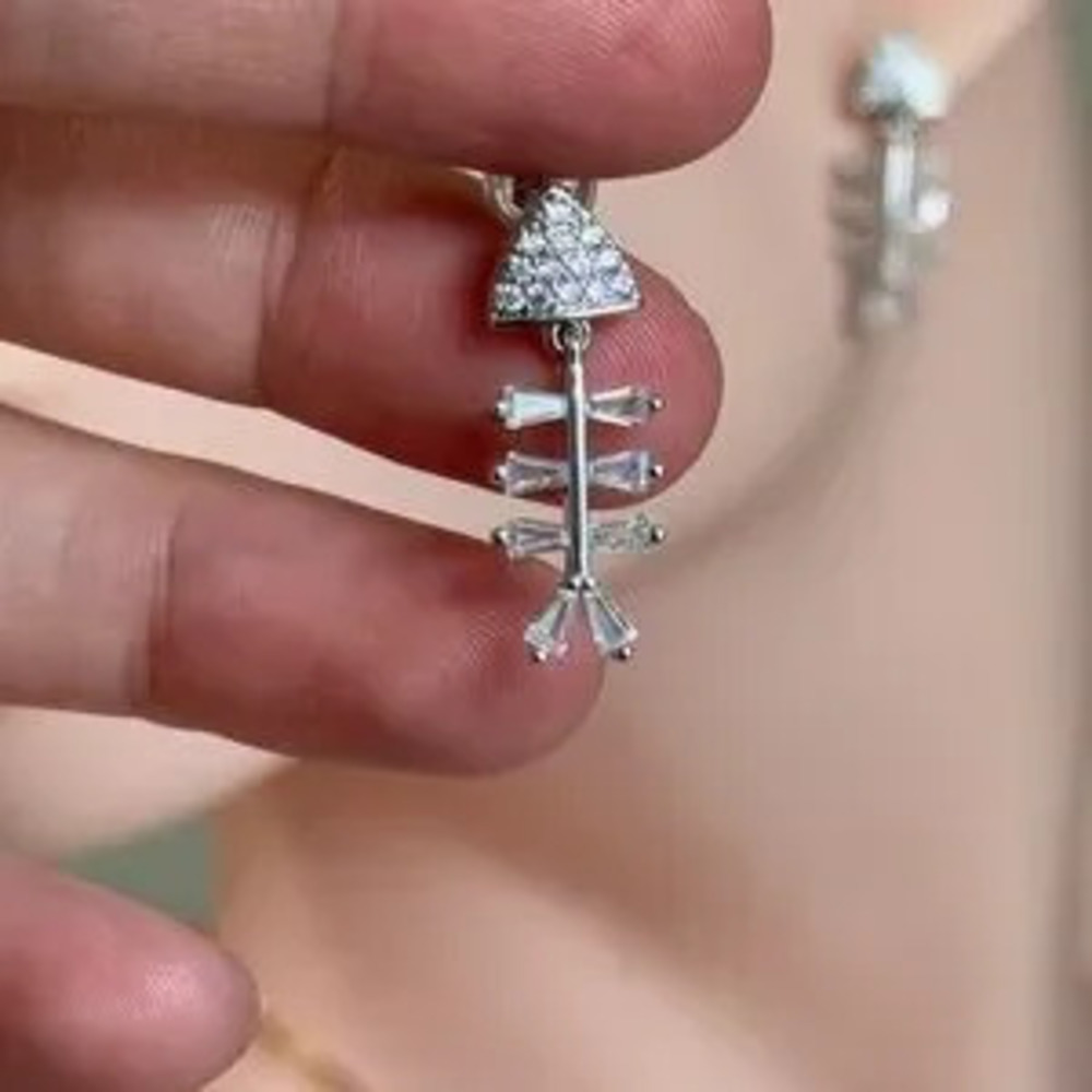Silver Fishbone Drop Earrings With Cubic Zirconia